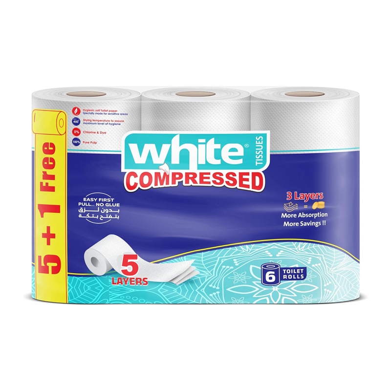ورق تواليت أبيض فائق النعومة - ٥ طبقات، ٦ لفات